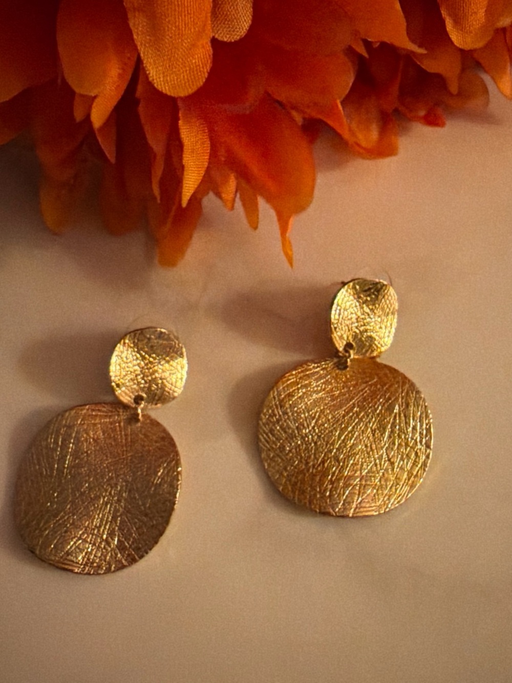 Textured Gold Double Disc Drop Earrings - Women Jewelry